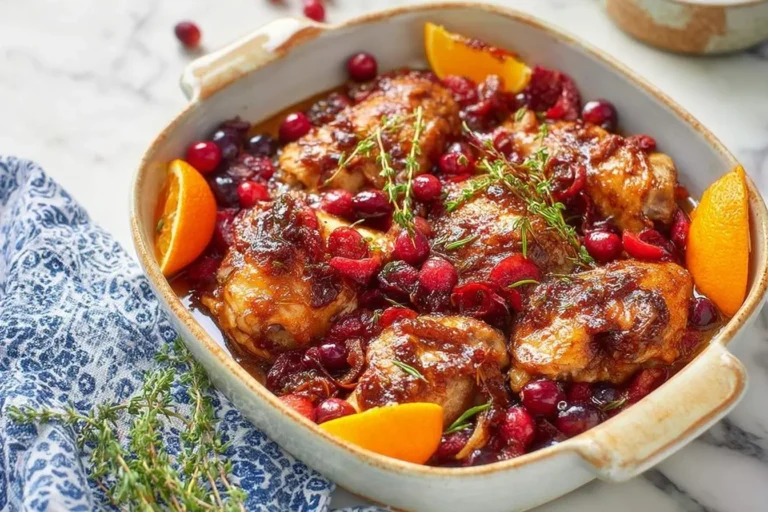 A rectangular baking dish filled with golden-brown Cranberry Orange Chicken, garnished with fresh cranberries, orange slices, and thyme sprigs.
