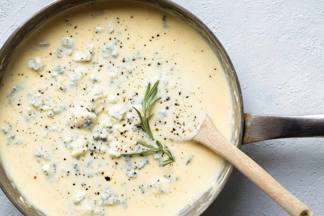 Overhead view of a pan filled with a rich, creamy Gorgonzola sauce, garnished with rosemary and black pepper, with a wooden spoon.