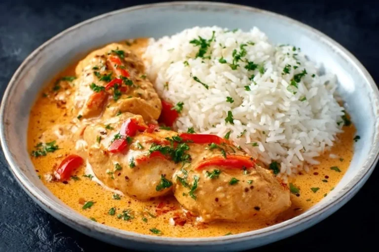A close-up shot of a bowl of Creamy Paprika Chicken with Rice, garnished with fresh parsley and red peppers.