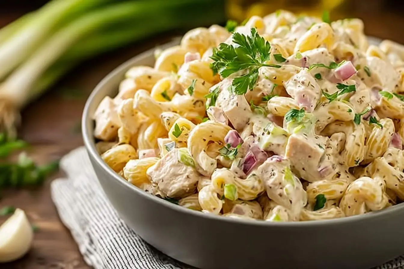 A close-up of a large bowl filled with a delicious Creamy Pasta Salad featuring macaroni, chicken, red onion, celery, and parsley.