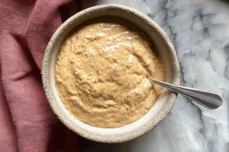 A rustic bowl of creamy Creole Remoulade Sauce with green specks, a spoon, on marble with a red linen napkin.