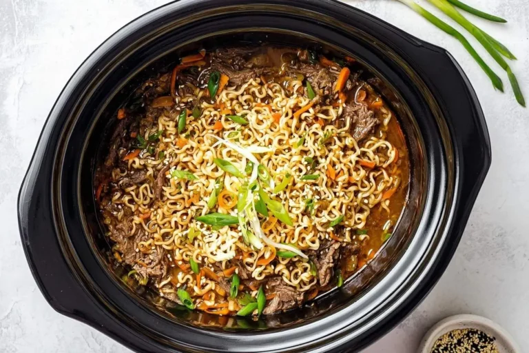 A vibrant overhead shot of a black crockpot filled with delicious Crockpot Beef Ramen, garnished with fresh green onions and sesame seeds.