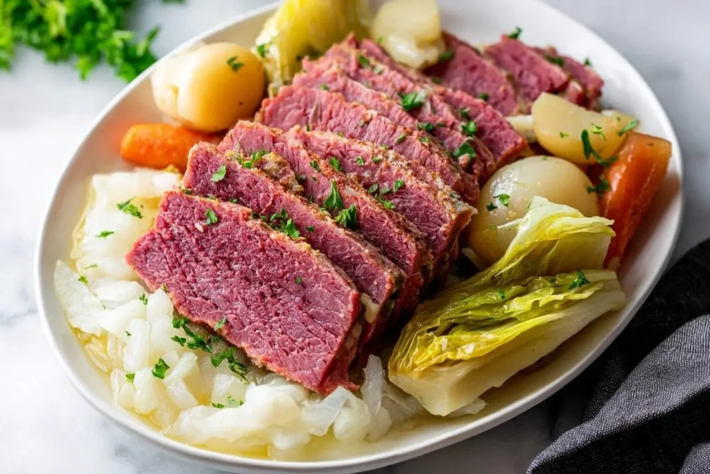 Close-up of a generous serving of Crockpot Corned Beef And Cabbage, with sliced meat, potatoes, carrots, onions, and steamed cabbage.