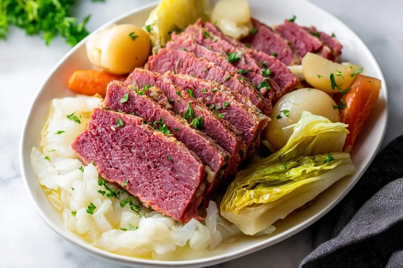 Close-up of a generous serving of Crockpot Corned Beef And Cabbage, with sliced meat, potatoes, carrots, onions, and steamed cabbage.