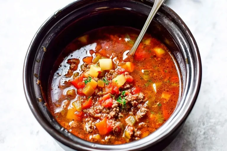 A close-up view of a hearty Crockpot Hamburger Soup bubbling in a dark slow cooker, rich with ground beef, potatoes, and vegetables.