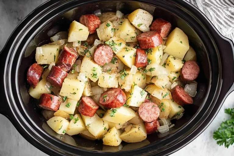 A black crockpot filled with savory Crockpot Potatoes and Kielbasa, mixed with onions and garnished with fresh parsley.