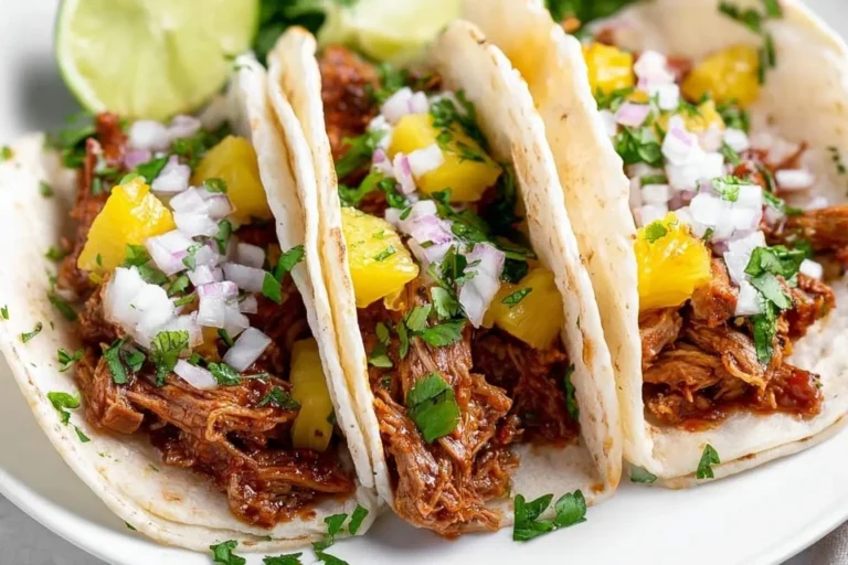 A close-up of three Crockpot Tacos Al Pastor filled with shredded pork, pineapple, onion, and cilantro on a white plate.