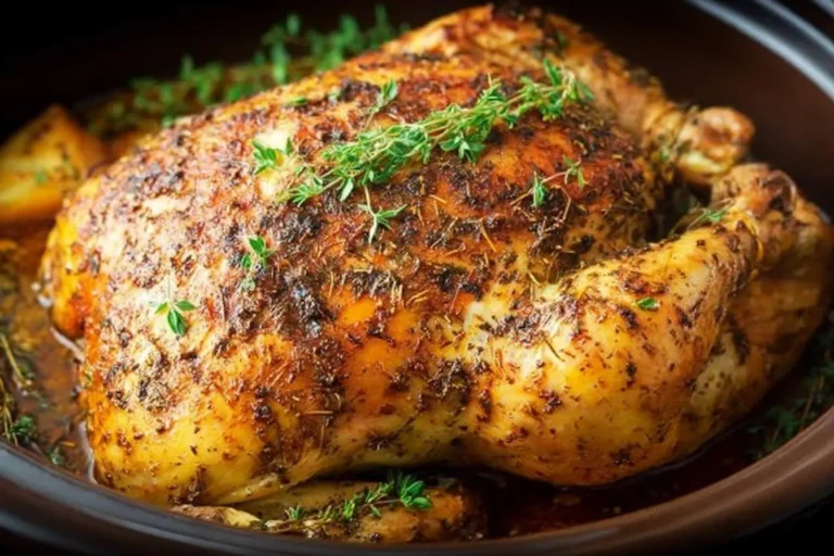 A perfectly cooked, herb-crusted Crockpot Whole Chicken garnished with fresh thyme, resting in a slow cooker pot with pan juices.