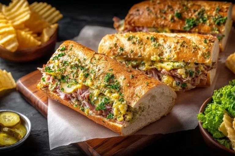 Close-up of several delicious Cuban Garlic Bread Sandwiches filled with meat, cheese, and a creamy spread, served with pickles and chips.
