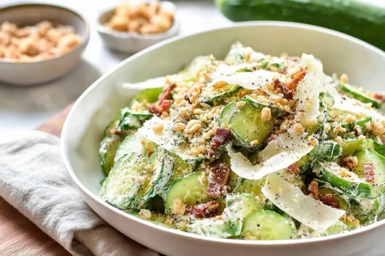 A close-up of a refreshing Cucumber Caesar Salad in a white bowl, topped with shaved Parmesan, crispy bacon, and crunchy croutons.