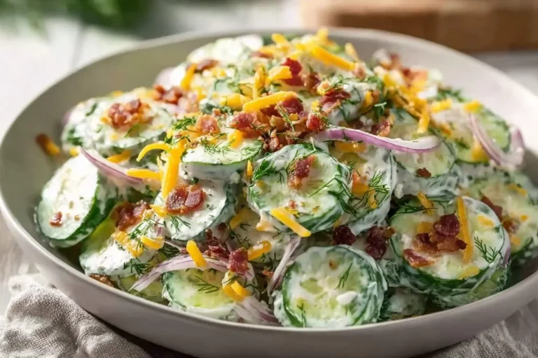 A fresh Cucumber Ranch Crack Salad in a bowl, with sliced cucumbers, creamy dressing, bacon, shredded cheddar, red onion, and dill.