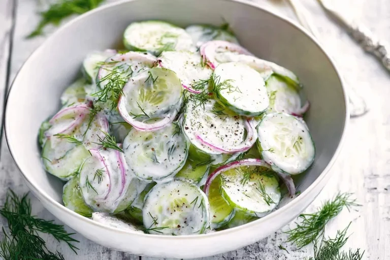 A close-up of a refreshing Cucumber Yogurt Salad in a white bowl, featuring sliced cucumbers, red onions, dill, and black pepper.