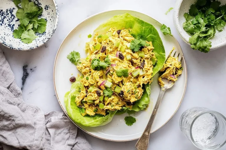 A vibrant plate of Curry Chicken Salad served on fresh lettuce leaves, garnished with cilantro, alongside a fork.