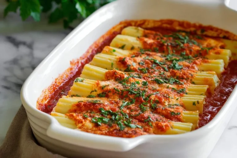 A close-up shot of a white baking dish filled with baked Easy Manicotti, topped with red sauce and fresh parsley.