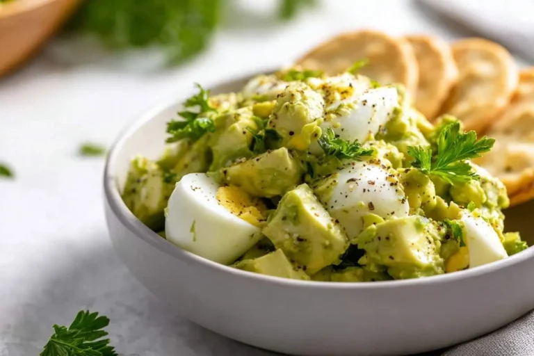 A close-up of a fresh Egg Avocado Salad in a white bowl, garnished with parsley and pepper, with crackers in the background.