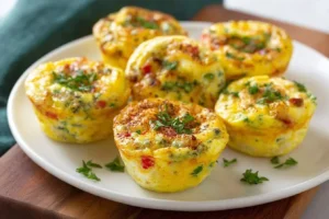 A close-up of several golden yellow egg muffins filled with vegetables and topped with fresh parsley on a white plate.