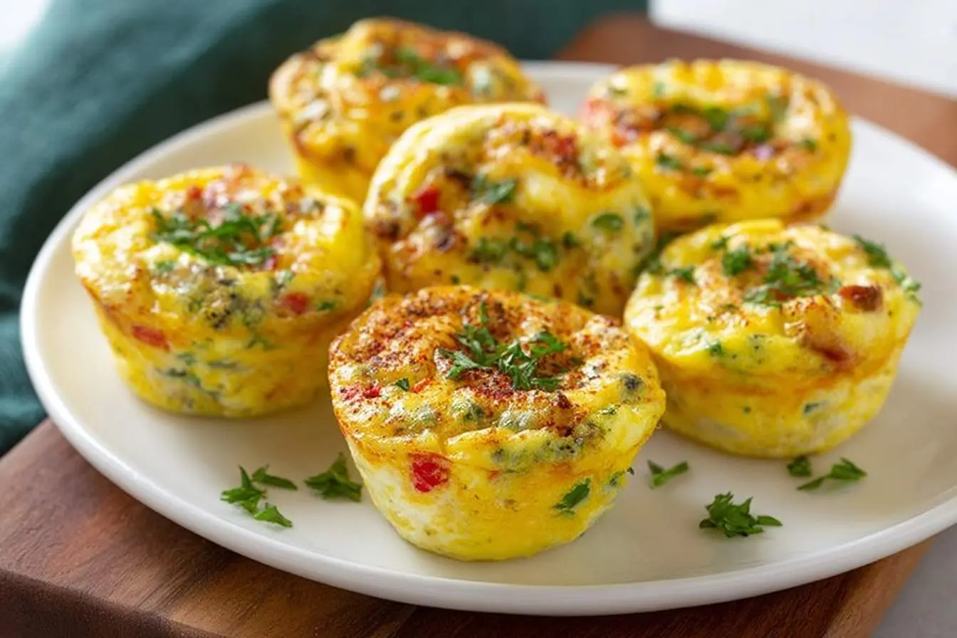 A close-up of several golden yellow egg muffins filled with vegetables and topped with fresh parsley on a white plate.