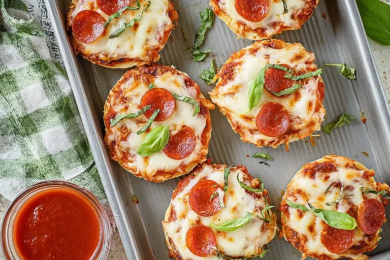 A baking sheet full of delicious individual english muffin pizzas topped with melted cheese, pepperoni, and fresh basil, ready to eat.