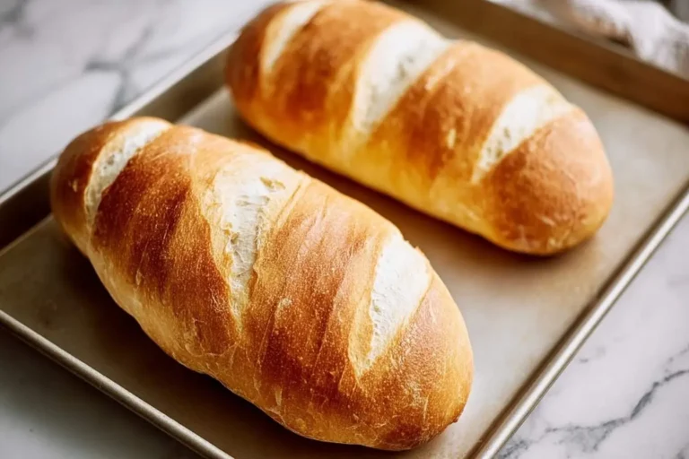 Two golden-brown loaves of freshly baked French Bread, perfectly scored, resting on a metal baking sheet.