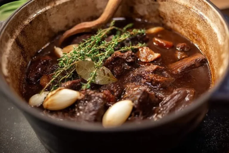 A rustic pot of simmering french onion short rib stew garnished with fresh thyme, a bay leaf, and whole garlic cloves.