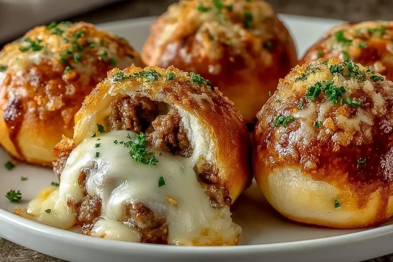 A close-up shows a platter of golden-brown Garlic Parmesan Cheeseburger Bombs, one split open to reveal melted cheese and seasoned ground beef.