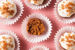 An overhead view of festive Gingerbread Truffles with white icing on a pink background, one cut to show the inside.