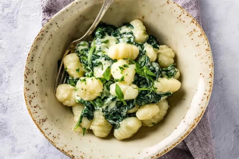 An overhead shot of creamy Gnocchi with Spinach served in a rustic, speckled bowl with a fork resting inside.