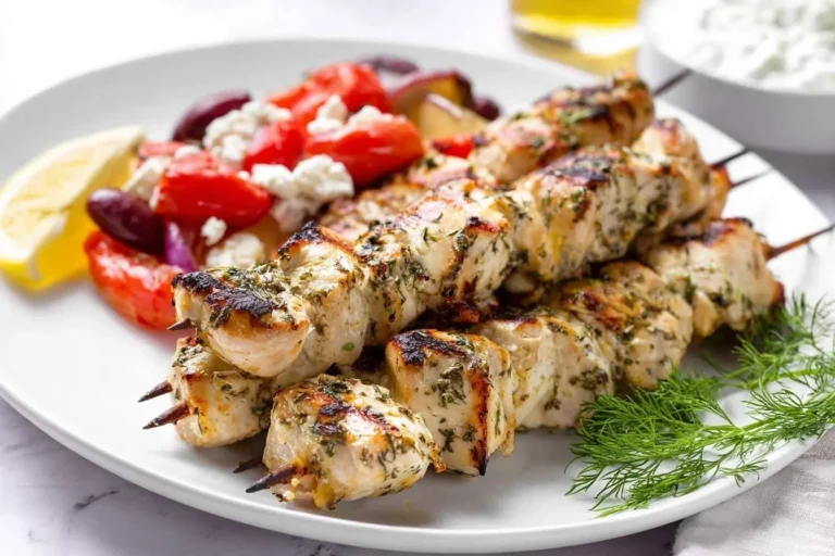 Grilled greek chicken kabobs on a white plate with a side of Greek salad, a lemon wedge, and fresh dill.