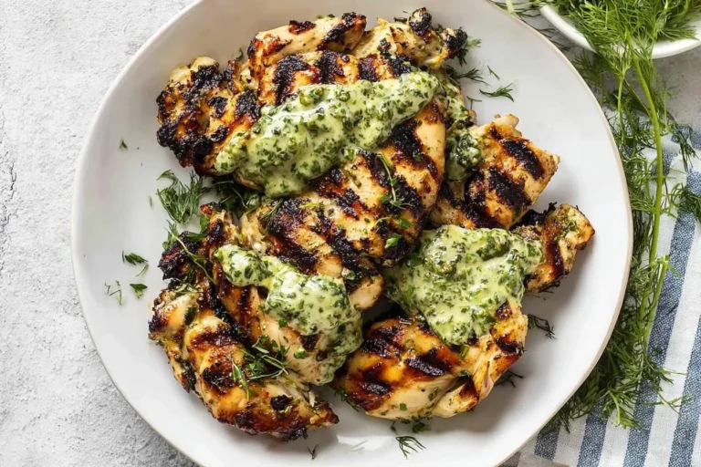 A white plate of juicy Green Goddess Grilled Chicken, topped with a creamy herb sauce and garnished with fresh dill.