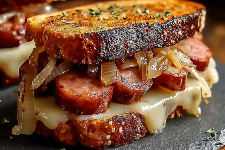 A close-up shot of a delicious Grilled Kielbasa Sandwich with Sweet Onion, featuring melted cheese and golden toasted bread.