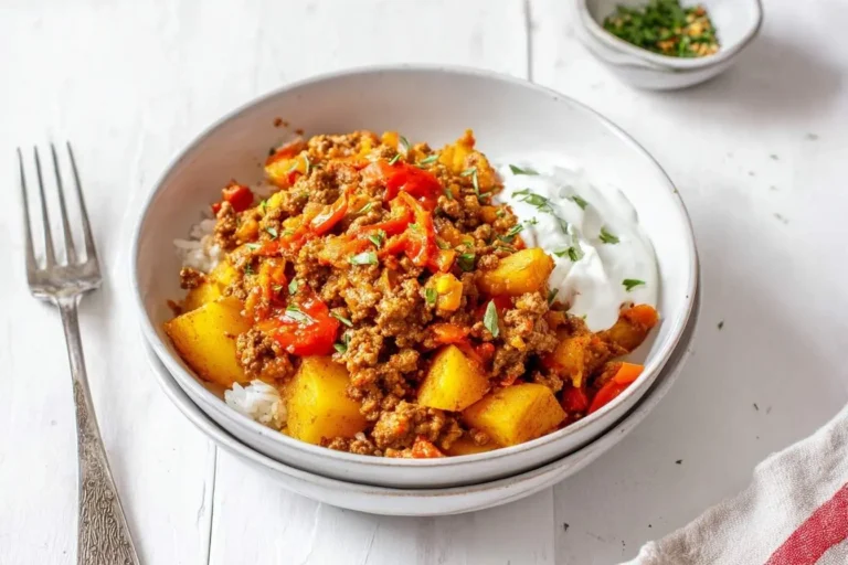 A white bowl filled with a savory dish of ground beef, red peppers, and golden potatoes served over rice with a side of yogurt.