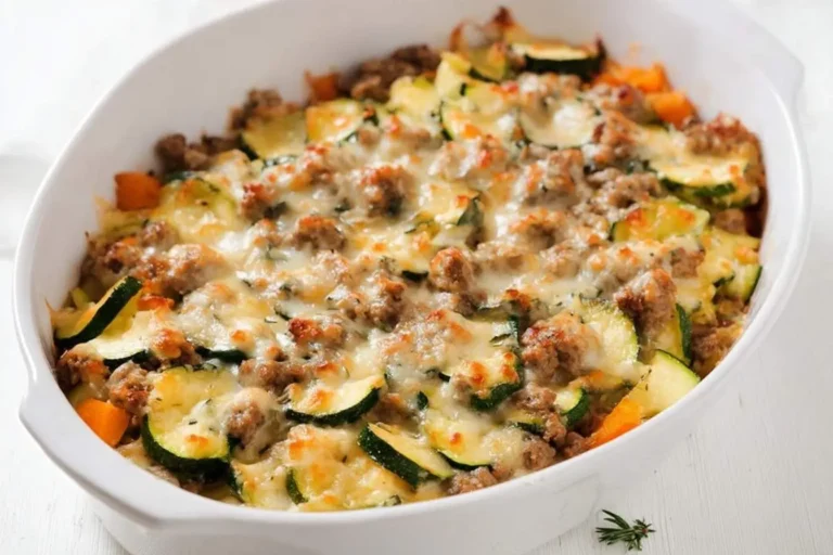 A freshly baked ground turkey zucchini casserole in a white oval dish, topped with golden-brown melted cheese.