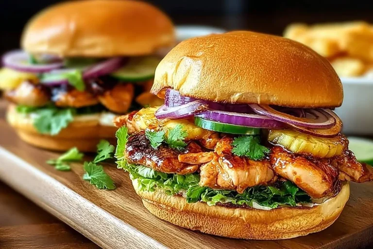 Two mouth-watering Hawaiian Chicken Sandwiches, topped with grilled pineapple, red onion, cucumber, and fresh cilantro, served on a wooden board.