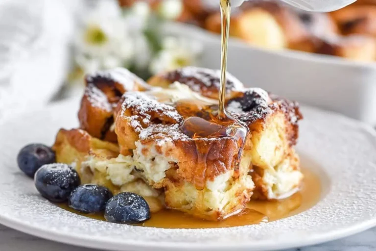 Syrup being poured over a delicious serving of Hawaiian Roll French Toast Bake with powdered sugar and blueberries on a white plate.