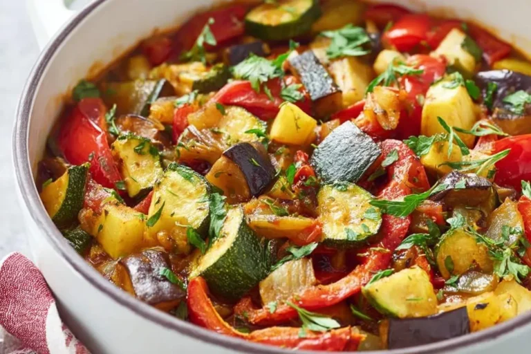 A hearty bowl of vibrant Homemade French Ratatouille with zucchini, eggplant, bell peppers, and fresh herbs.