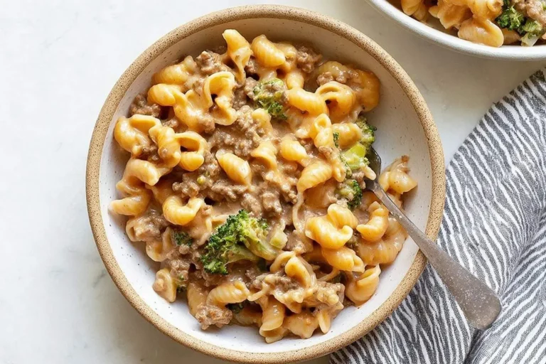 A rustic bowl filled with creamy Homemade Hamburger Helper, mixed with ground beef and fresh broccoli florets.