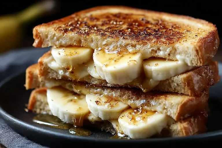 A close-up of a stacked Honey Banana Grilled Cheese Sandwich, drizzled with honey and served on a dark plate.