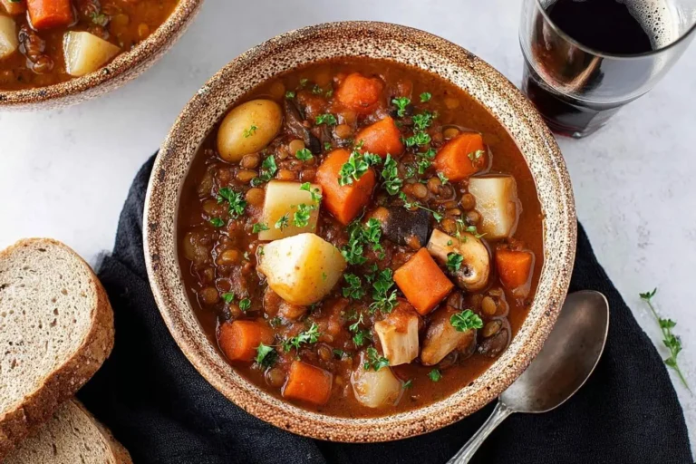 A rustic bowl of hearty Irish Vegetarian Stew with lentils, potatoes, carrots, and mushrooms, garnished with parsley, served with bread and red wine.