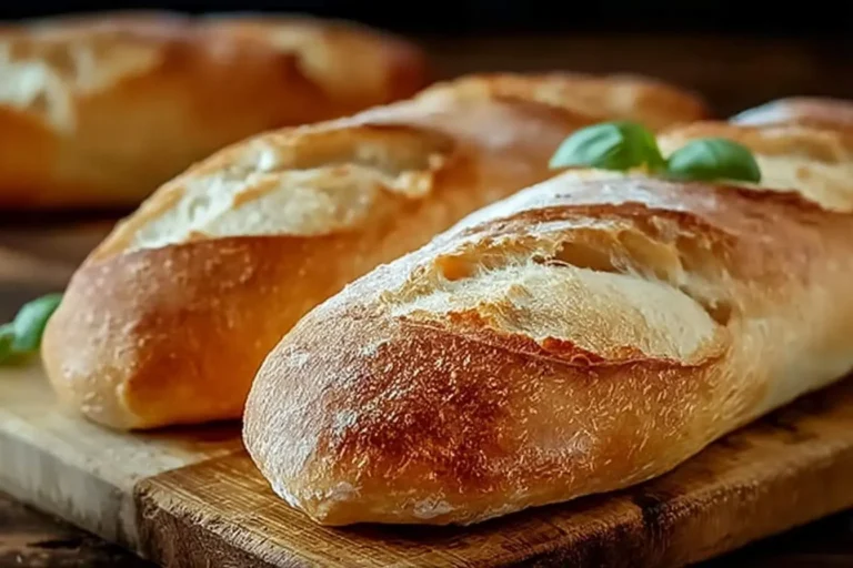Freshly baked Italian bread loaves with crispy crusts and basil garnish on a wooden cutting board.