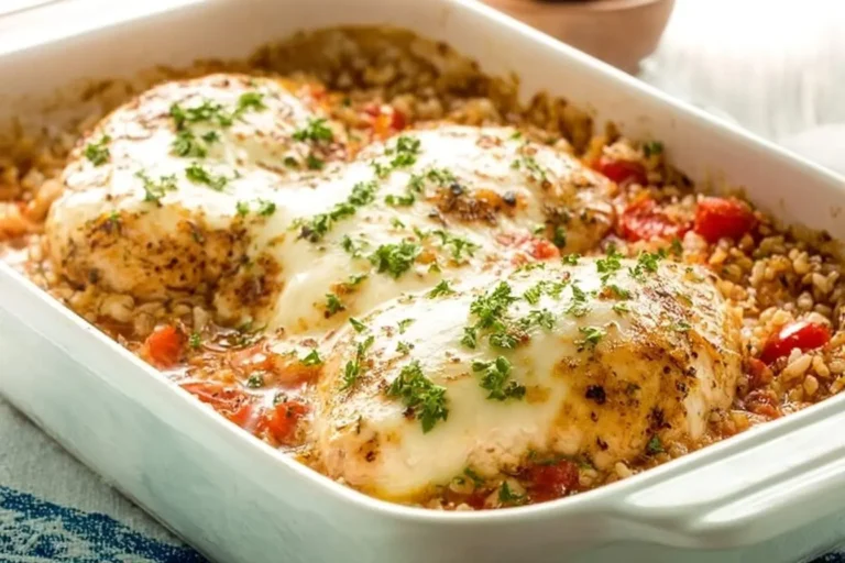A freshly baked Italian Chicken Casserole in a white dish, topped with melted mozzarella cheese and fresh herbs.