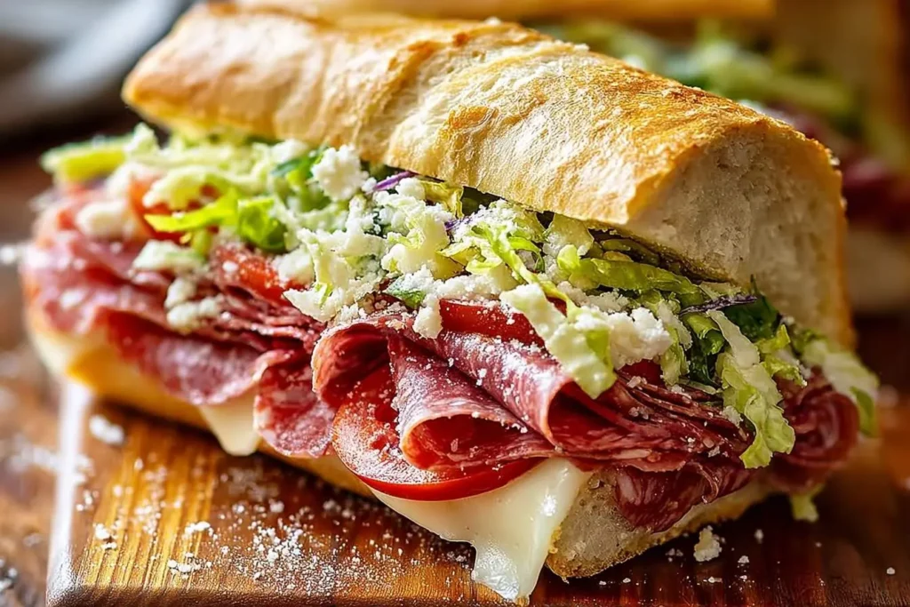 A delicious Italian Grinder Salad Sandwich filled with cured meats, cheese, tomatoes, and a fresh lettuce and crumbled cheese topping.