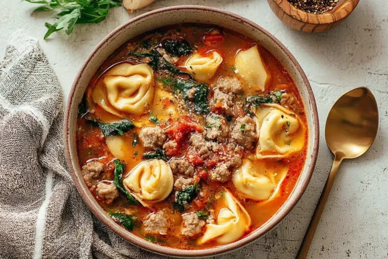 A rustic bowl of homemade Italian Sausage Tortellini Soup, rich with ground sausage, cheese tortellini, and fresh spinach.