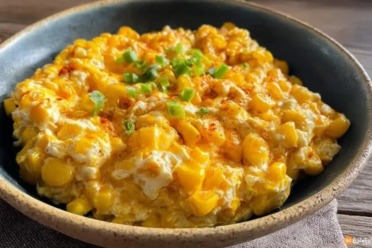Close-up of a creamy Jalapeno-Corn Casserole in a dark ceramic bowl, garnished with fresh green onions and red spice.