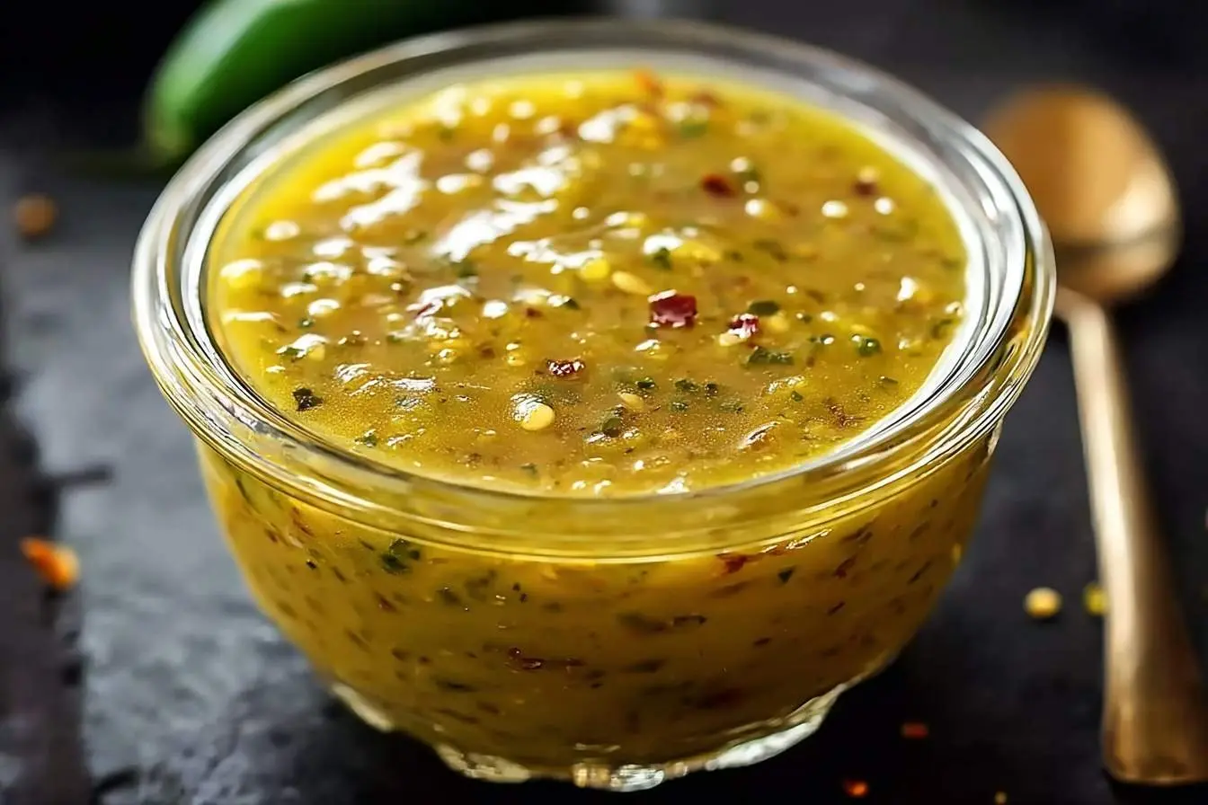 A close-up of vibrant Jalapeno Honey Mustard Sauce in a clear glass bowl, featuring visible herbs and chili flakes, with a blurred green pepper and spoon in the background.