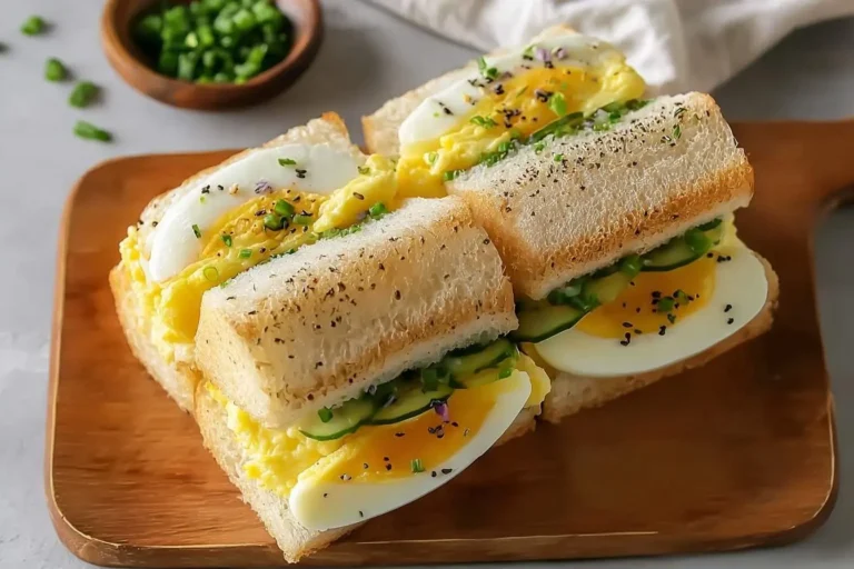 Fluffy Japanese egg sandwiches filled with scrambled egg, hard-boiled slices, cucumber, and chives, presented on a wooden board.