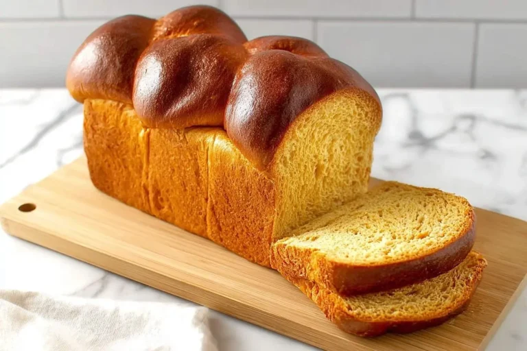 A freshly baked loaf of golden-brown Keto Brioche Bread, partially sliced on a wooden cutting board against a marble background.