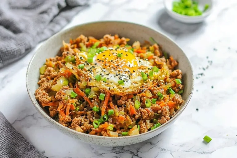 A delicious keto egg roll in a bowl topped with a fried egg, sesame seeds, and fresh green onions.