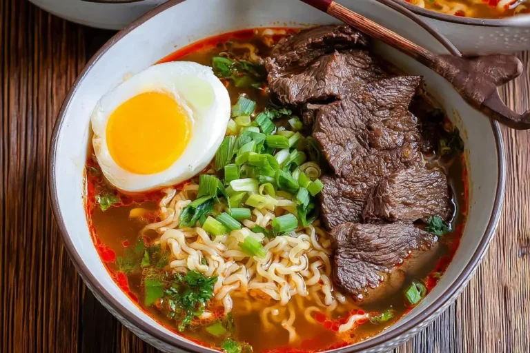 A close-up of a steaming bowl of korean beef ramen with tender beef, a halved egg, and green onions on a wooden table.