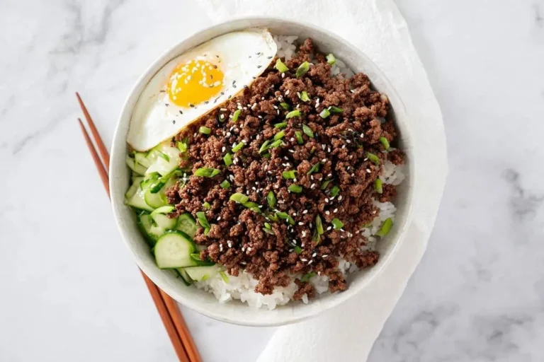 Overhead view of a delicious Korean Ground Beef Bowl with rice, ground beef, sliced cucumbers, a fried egg, green onions, and sesame seeds.