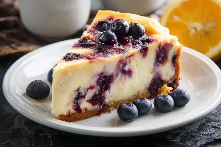 A delicious slice of lemon blueberry cheesecake cake on a white plate, garnished with fresh blueberries and a cut lemon.